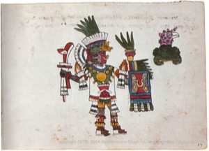 Ilustración de deidad mexica o guerrero con atributos ceremoniales — Anónimo tlacuilo (Códice Magliabecchiano)