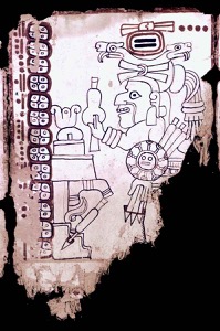 Códice Maya: — Figura Ceremonial con Vasija y Atuendo Complejo — Anónimo maya