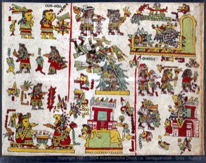 Pintura de códice mesoamericano con deidades y rituales — Anónimo mixteco