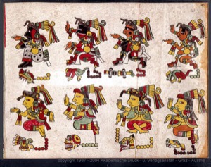 Códice Maya: — Figuras y glifos con tocados elaborados — Anónimo mixteco