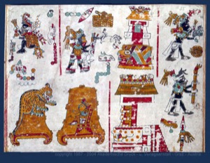 Páginas de códice prehispánico con deidades y figuras antropomorfas — Anónimo mixteco