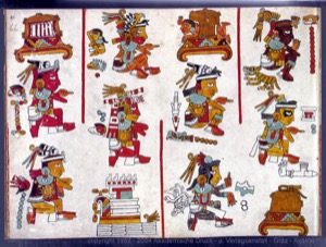 Códice Borbónico: — Escena con figuras mayas y elementos rituales — Anónimo mixteco