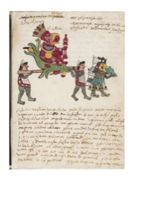 Escena ceremonial azteca con figura principal en litera — Anónimo tlacuilo mexica (Códice Tudela)