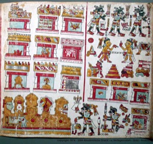 Página de códice precolombino con representaciones arquitectónicas y figuras humanas — Anónimo mixteco