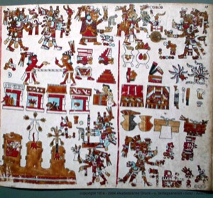 Páginas de códice prehispánico con figuras antropomorfas y arquitectónicas — Anónimo mixteco