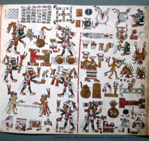 Páginas de códice azteca con deidades y glifos — Anónimo mixteco