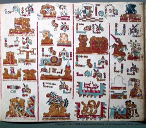 Páginas de códice precolombino con glifos y figuras — Anónimo mixteco