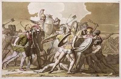 Grabado de griegos y troyanos luchando por el cuerpo de Patroclo — Giulio Ferrario