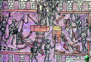 Ilustración de batalla y tortura medieval — Anónimo tlacuilo mexica