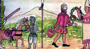 Encuentro entre españoles y tlatoani mexica — Anónimo tlacuilo mexica