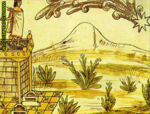 Escena de códice: Montaña, vegetación y figura vestida — Anónimo tlacuilo