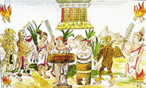 Ceremonia azteca con danzantes y sacrificios — Anónimo tlacuilo mexica