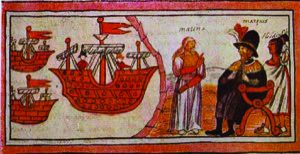 Llegada de Marineros y Figuras Indígenas — Anónimo tlacuilo mexica