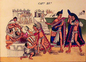 Sacrificio en templo azteca — Anónimo tlacuilo mexica