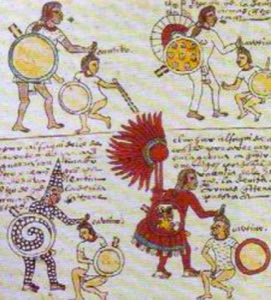 Ilustración de guerreros aztecas y sus atuendos en códice — Anónimo tlacuilo