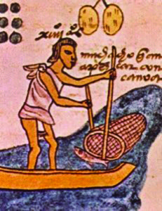 Indígena pescando en canoa con red y atarraya — Anónimo tlacuilo mexica