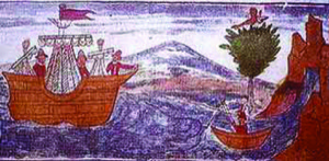 Llegada de Navíos a una Costa con Figuras Mitológicas — Anónimo tlacuilo mexica