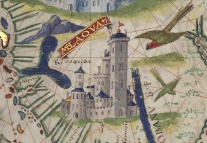Castillo con Banderas y Aves Tropicales en un Mapa Antiguo — Atlas Miller