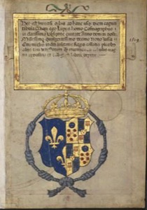 Escudo de armas y texto en pergamino antiguo — Atlas Miller
