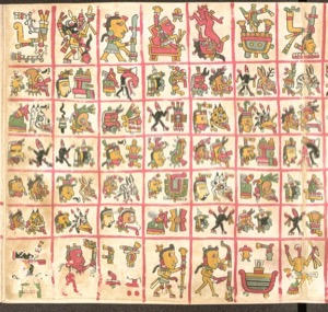 Páginas de un Códice Prehispánico con Figuras Antropomorfas y Zoomorfas — Tlacuilo anónimo, tradición mixteca-puebla (Códice Cospi)