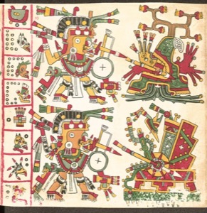Figuras mexicas y glifos en códice precolombino — Tlacuilo anónimo, tradición mixteca-puebla (Códice Cospi)