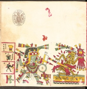 Pintura Maya con figuras antropomorfas y zoomorfas — Tlacuilo anónimo, tradición mixteca-puebla (Códice Cospi)