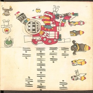 Códice Mexica: — Deidad con ofrendas y glifos — Tlacuilo anónimo, tradición mixteca-puebla (Códice Cospi)
