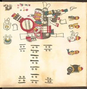 Página del Códice de Dresde con glifos mayas y figuras antropomorfas y zoomorfas — Tlacuilo anónimo, tradición mixteca-puebla (Códice Cospi)