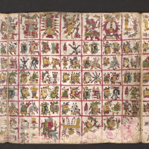Páginas de Códice Mexica con Glifos y Figuras Religiosas — Tlacuilo anónimo, tradición mixteca-puebla (Códice Cospi)