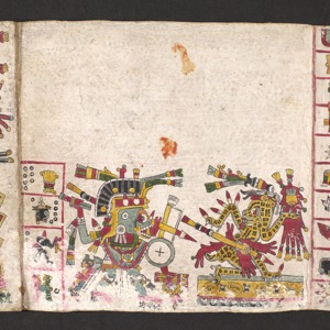 Página de Códice Prehispánico con Deidades y Guerreros — Tlacuilo anónimo, tradición mixteca-puebla (Códice Cospi)