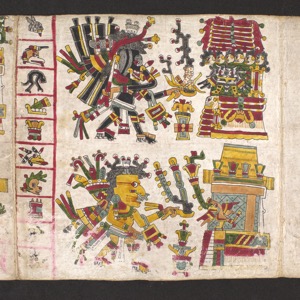 Página de Códice: Escenas ceremoniales y deidades Mexicas — Tlacuilo anónimo, tradición mixteca-puebla (Códice Cospi)