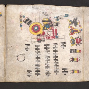 Página de Códice con Figura Central y Glifos — Tlacuilo anónimo, tradición mixteca-puebla (Códice Cospi)