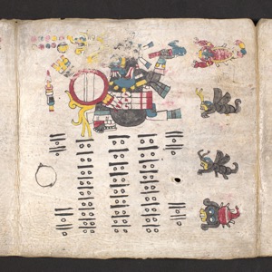 Página de códice prehispánico con escritura jeroglífica y figuras — Tlacuilo anónimo, tradición mixteca-puebla (Códice Cospi)