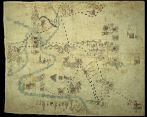 Mapa pictográfico de ruta con escenas y topografía — Mapas de Cuauhtinchan