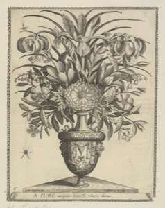 Arreglo floral en urna decorada, con arañas — Anónimo
