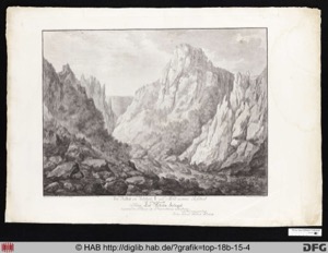 Esta es una litografía de un paisaje montañoso, con — Anónimo (grabado europeo)