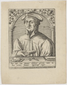 Retrato de hombre con sombrero y atuendo formal — Anónimo (grabado renacentista)