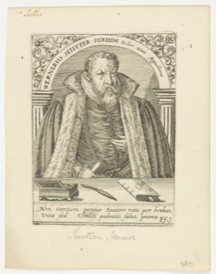 Retrato de un hombre con collarín y abrigo de piel — Anónimo (grabado renacentista)
