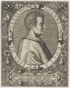 Retrato grabado de Giovanni Boccaccio con ornamento floral — Anónimo (grabado renacentista)