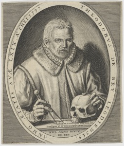 Retrato de Theodoor de Bry con un cráneo y compás — Theodor de Bry