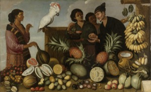 Escena de mercado con frutas exóticas y un cacatúa — Anónimo