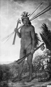 Retrato de un guerrero indígena con lanza y flechas — Fotógrafo anónimo (etnografía, s. XIX-XX)