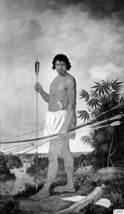 Retrato de un guerrero indígena amazónico con arco y flechas — Fotógrafo anónimo (etnografía, s. XIX-XX)
