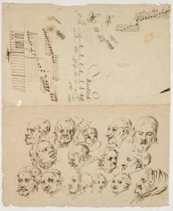 Estudio de rostros y partitura musical — Anónimo