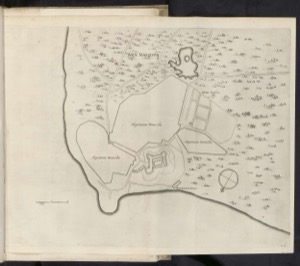 Mapa de una fortaleza costera con detalles de fortificaciones — Cartógrafo anónimo (siglo XVII)