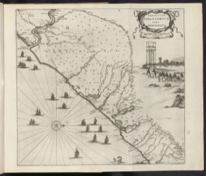 Mapa antiguo de la costa con barcos y una torre — Cartógrafo anónimo (siglo XVII)