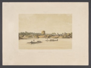 Vista de un río con embarcaciones y edificios en la orilla — Anónimo (grabado europeo)