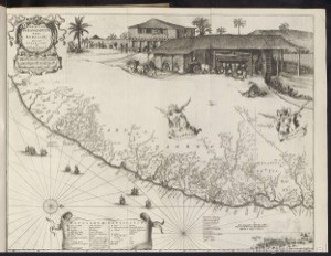 Mapa antiguo de Surinam con escenas de la vida colonial