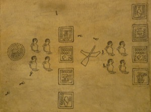Páginas de códice con figuras y glifos — Anónimo mexica