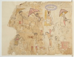 Escena con personajes y paraguas en un contexto de procesión o evento — Anónimo tlacuilo mexica (Códice Azcatitlán)
